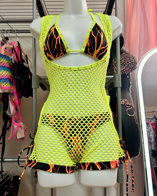 Fire Print Green Bodysuit With Two Piece